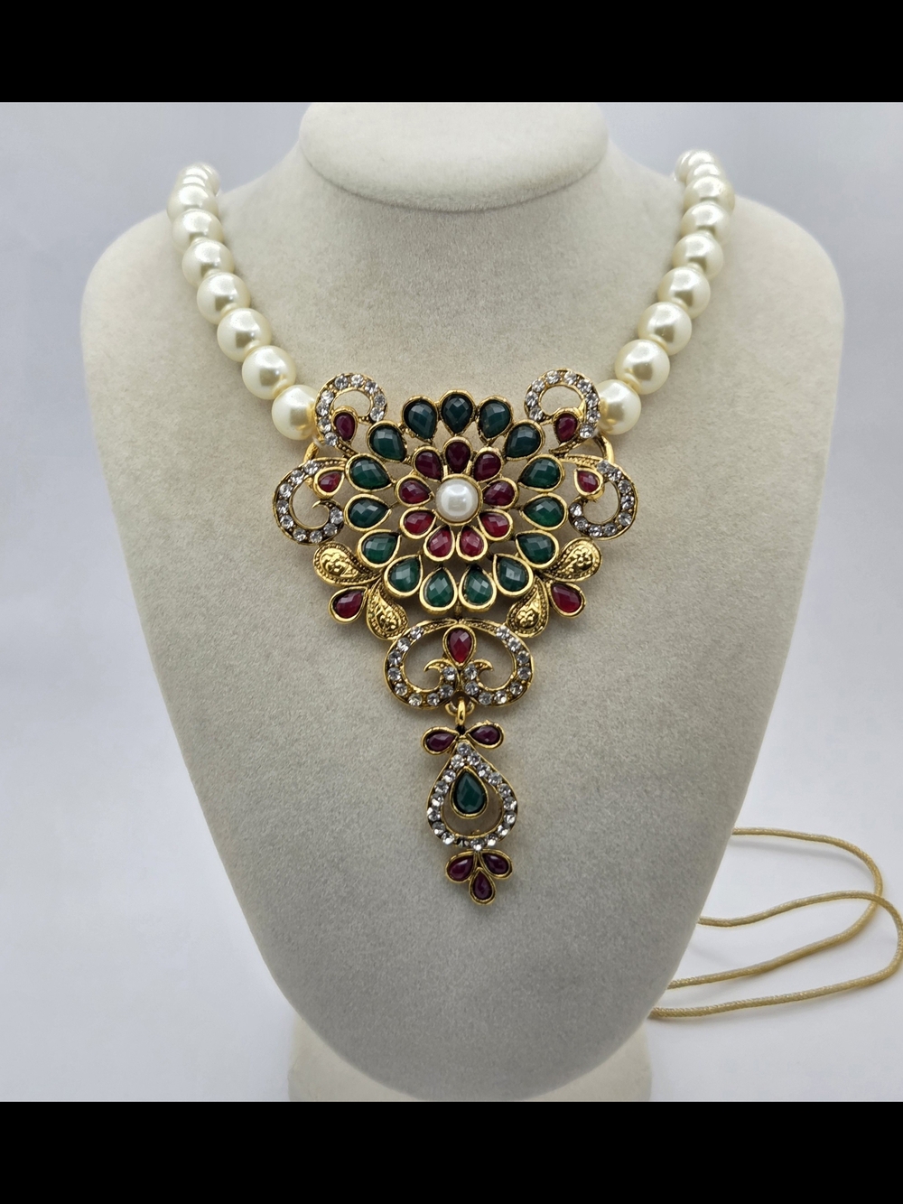 Vintage Style Indian Bridal Festive Pearl Pendant Necklace Adjustable 40"